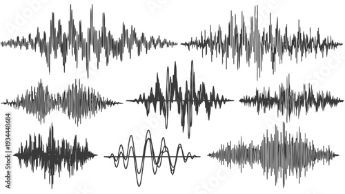 Vector illustration of set of nine different black and white sound waveforms or seismograph readings on a transparent background