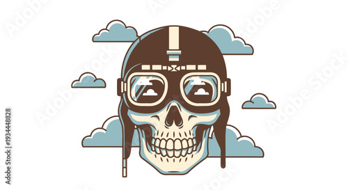 A vintage style illustration of a skull wearing aviator goggles and a pilot helmet surrounded by clouds in a stylized graphic image from a frontal viewpoint