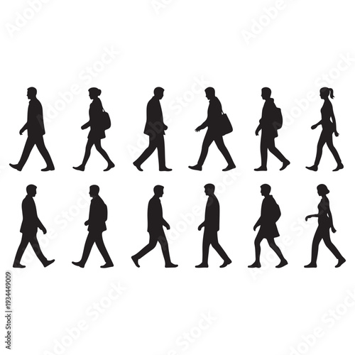 A sequence of silhouette figures demonstrating different walking poses and motions