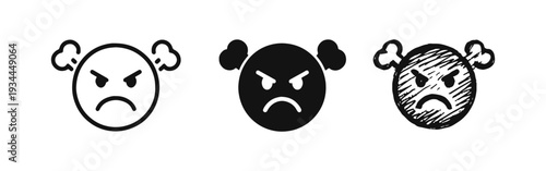 Angry Emoji Face with Steam Icon Set in Outline, Solid, and Doodle Styles