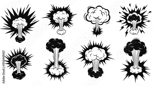 Vector illustration of set of eight black and white comic book style explosion and blast icons on a transparent background