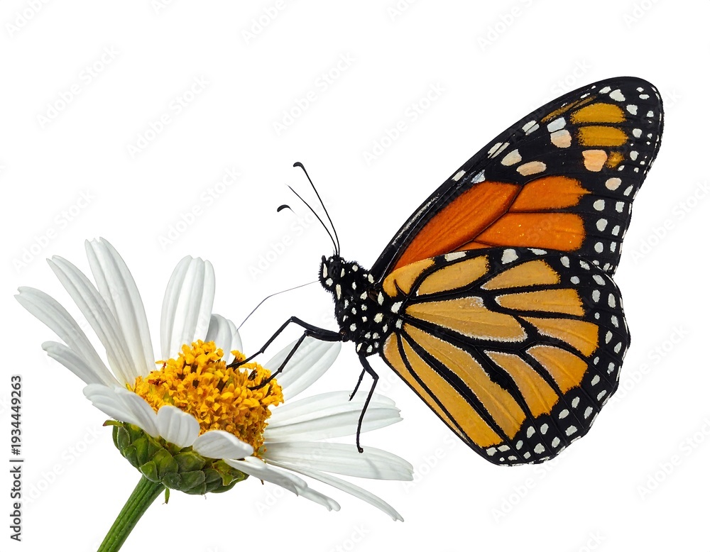 Fototapeta premium A vibrant monarch butterfly with orange and black wings perches on a white daisy with yellow center, isolated against a white background