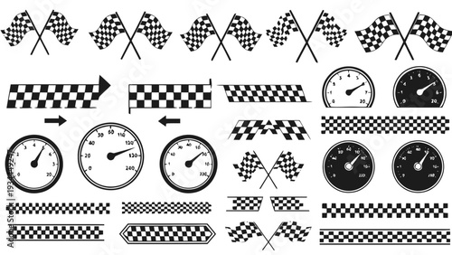 Vector illustration of set of racing and checkered flag elements banners, gauges, and flags on a transparent background