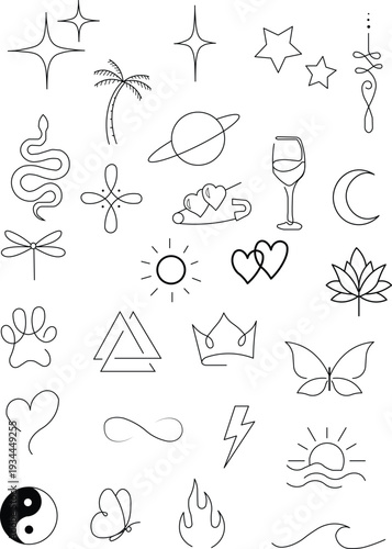 A collection of minimalist line-art illustrations, commonly used as "flash" templates for small tattoos, stickers, or icons. Minimal Line Art Icon Set Collection.