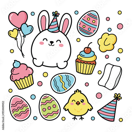 Kawaii Easter party invitation doodle set, smiling bunny, chick, colorful eggs, cupcake, balloons, confetti, party hat, flat vector style, solid bright colors, bold black outline, playful sticker pack