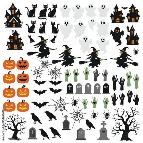 Set of halloween themed elements including haunted houses and ghosts