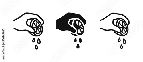 Hand squeezing a lemon half icon set, Citrus fruit juice extraction symbol, Fresh lemon juice preparation vector illustration.