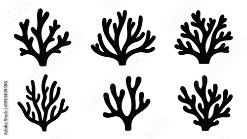 Vector illustration of set of six black silhouette icons of coral branches or seaweed for underwater design on a transparent background