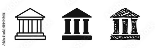 Classic building with columns icon set, Bank or government institution symbol, Historical architecture vector illustration.