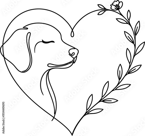  Dog head in heart frame with floral branches line art