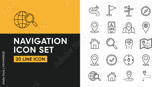 Navigation Line Icon Set with GPS Map Location Pin Compass Route Finder and Travel Direction Editable Vector Collection