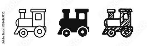 Toy train locomotive icon set, Kids play transport vehicle symbol, Children's railway engine vector illustration.