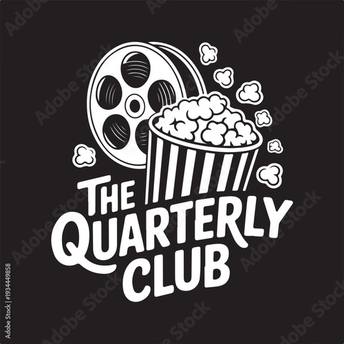 Film reel popcorn and the quarterly club logo in a black and white design