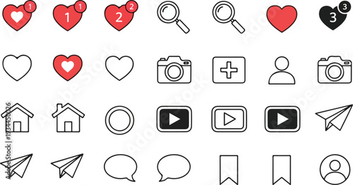 Social media notification icon set including home, like, comment, search, user profile, repost, red speech bubble, share and save symbols in vector format eps