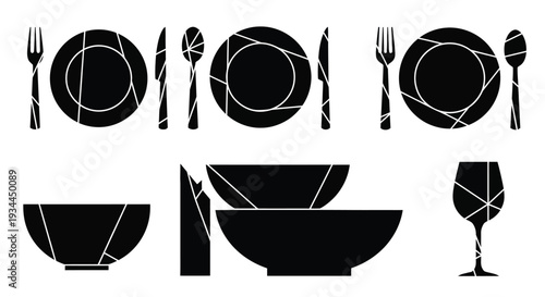 Stylized black and white illustration of plates cutlery and glassware