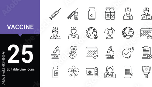 Vaccine Line Icons Set with Medical Injection Healthcare Immunization Doctor Syringe and Global Vaccination Editable Vector Collection