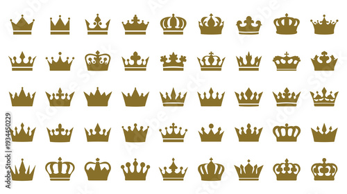 Set of 45 various simple royal crowns in gold on white background