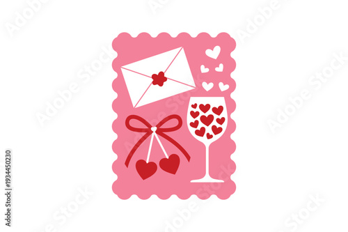 Valentines Day symbols with hearts wine glass and gift valentine heart love romance present