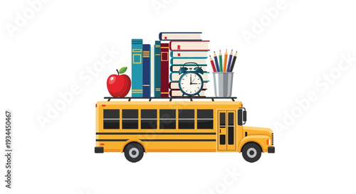 School bus topped with books apple clock and school supplies