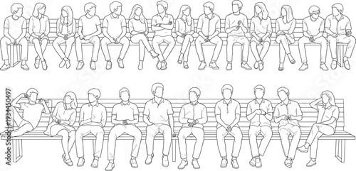 Minimalist black and white line drawing of people sitting and reclining on bench, continuous line art diverse group casual poses,