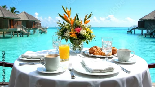 Romantic breakfast table set with coffee, juice, and pastries by an overwater bungalow in a tropical resort.