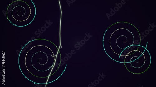 Abstract Swirling Spirals with Glowing Particles on Dark Background.