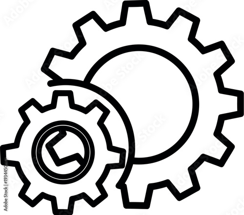 Two interlocking gears with a clock face on one of them