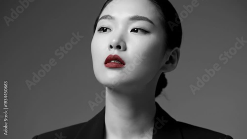 Asian woman in black blazer posing with red lipstick for a portrait series showing different head turns and expressions