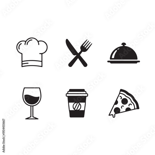 Food and Beverage Icons in Simple Flat Design with Black Color on White Background for Restaurant Menu