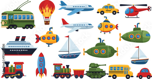 Various transport vehicles collection including airplane ship submarine and train vector set