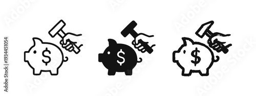 Piggy Bank and Hammer Icon Set: Financial Crisis, Savings Loss, or Debt Concept
