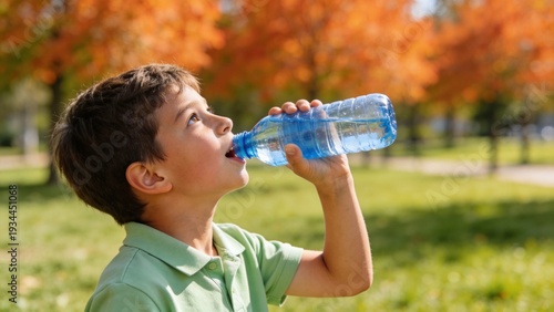 Young Boy Drinking Water Outdoors in Park During Sunny Day