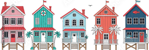 Colorful wooden beach houses with stilts coastal vector illustration collection