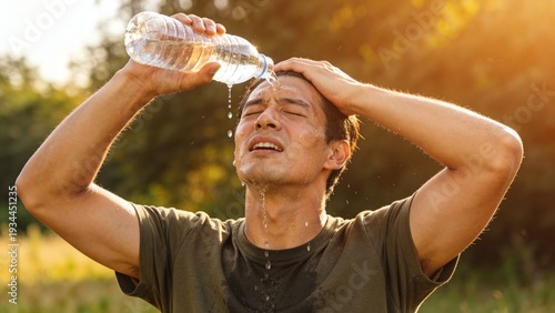 Exhausted Man Pouring Water on Face After Outdoor Workout in Summer Heat