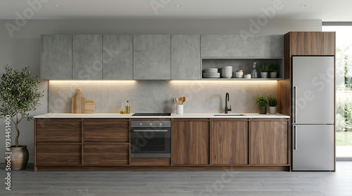 Modern kitchen with wooden cabinets and stainless steel appliances