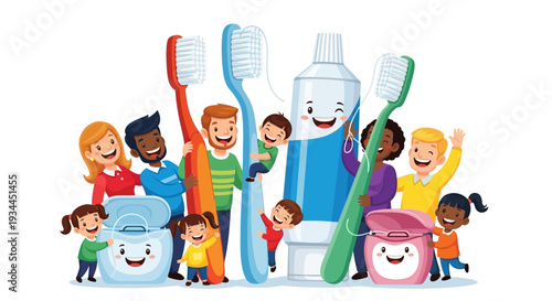 Diverse family and kids enjoying oral hygiene with smiling toothbrushes and toothpaste