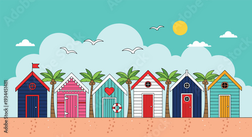 Colorful beach huts with palm trees seaside summer vector illustration