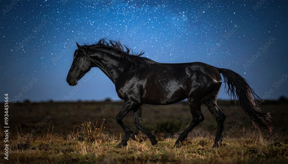Fototapeta premium Majestic Black Horse Galloping Under a Starry Night Sky