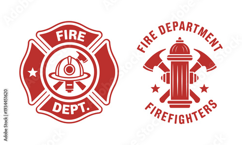 Fire Department Logo Set, Modern and Vintage Style Firefighter Emblems, Vector