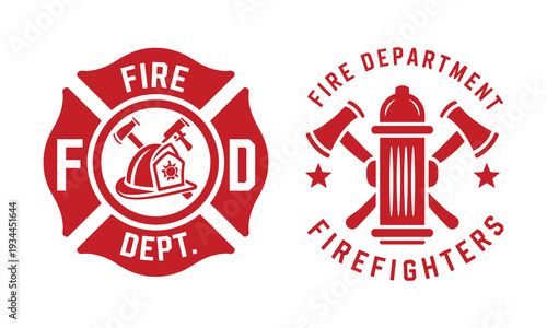 Fire Department Logo Set, Modern and Vintage Style Firefighter Emblems, Vector