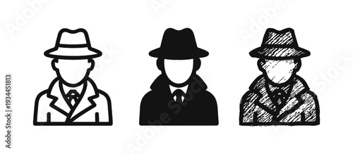 Detective or Spy Icon Set: Mysterious Investigation and Secret Agent Symbol