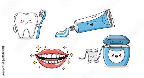 Cute cartoon dental care set with smiling tooth and hygiene products