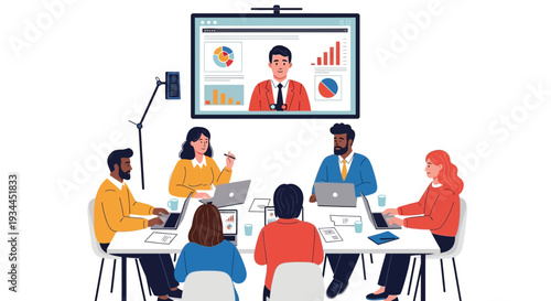 Team participates in a virtual meeting with a presenter on screen