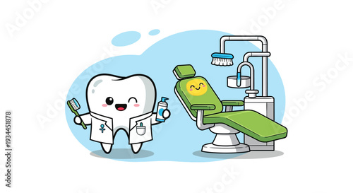 Happy cartoon tooth character in dental office with green chair