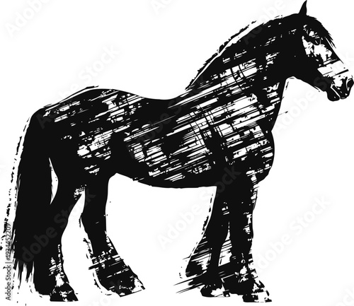 Black horse silhouette with grunge texture effect rustic animal figure isolated on white background