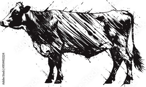 Black and white cow illustration with textured shading farm animal outline drawing with rustic details