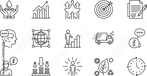 Business Growth and Strategy Line Icons Set with Target Analytics Delivery Sustainability and Performance Editable Vector Collection