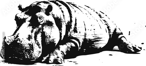 Resting hippopotamus illustration in black and white line art style, animal wildlife drawing