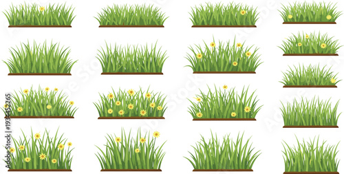 Green grass patches with small yellow flowers vector collection