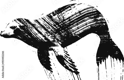 Abstract black ink seal illustration artistic monochrome sea animal sketch with brush strokes and splatter effect